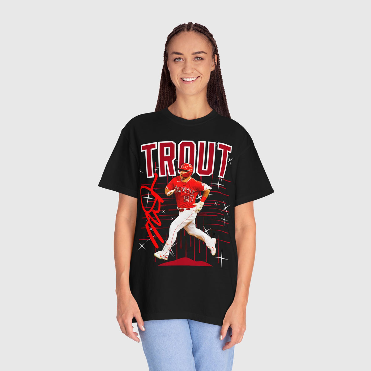 Mike Trout Signature Tee Product Pic Female Model