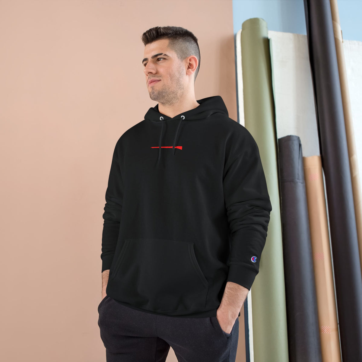 Red Rifle Champion Hoodie Product Pic Black Male Model